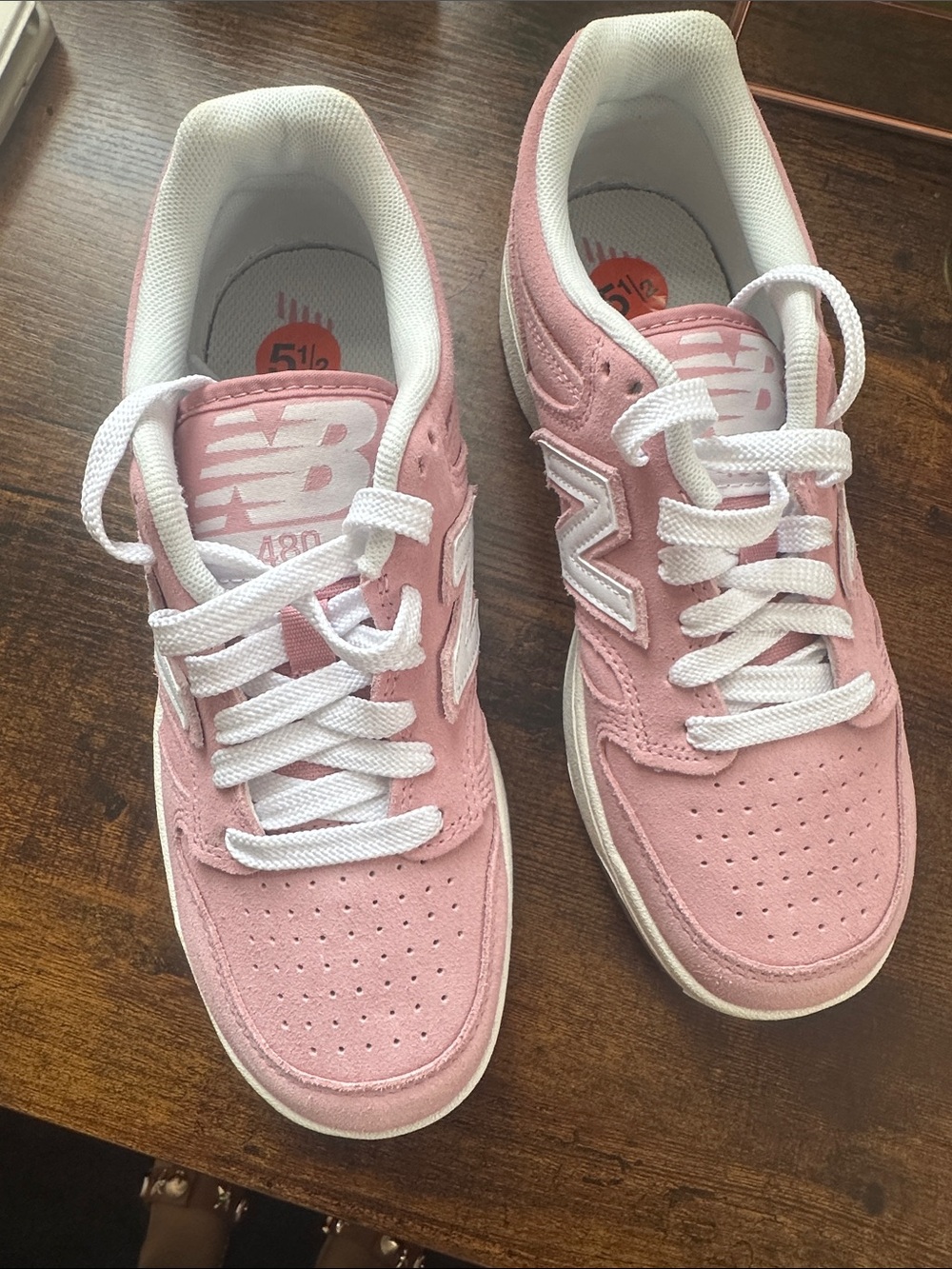 New Balance Kids Pink and White Suede Sneakers